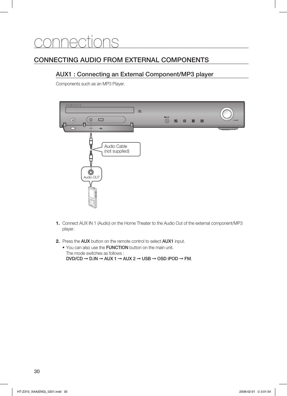 Connecting audio from external components, Connections | Samsung HT-TZ312  EN User Manual | Page 32 / 73