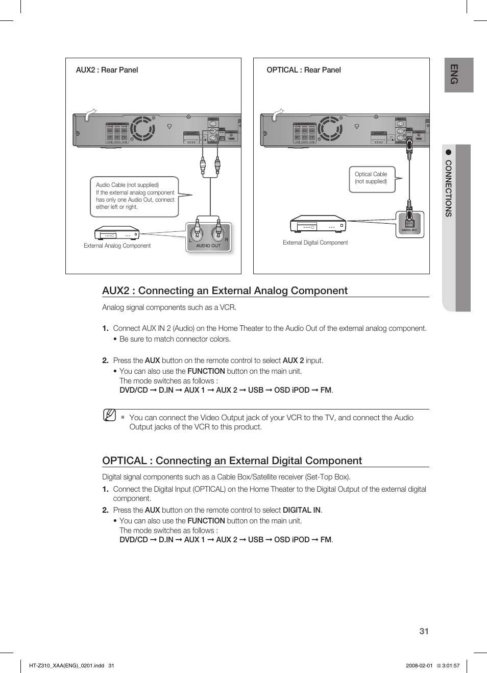 Aux2 : connecting an external analog component, Optical : connecting an external digital component | Samsung HT-TZ312  EN User Manual | Page 33 / 73