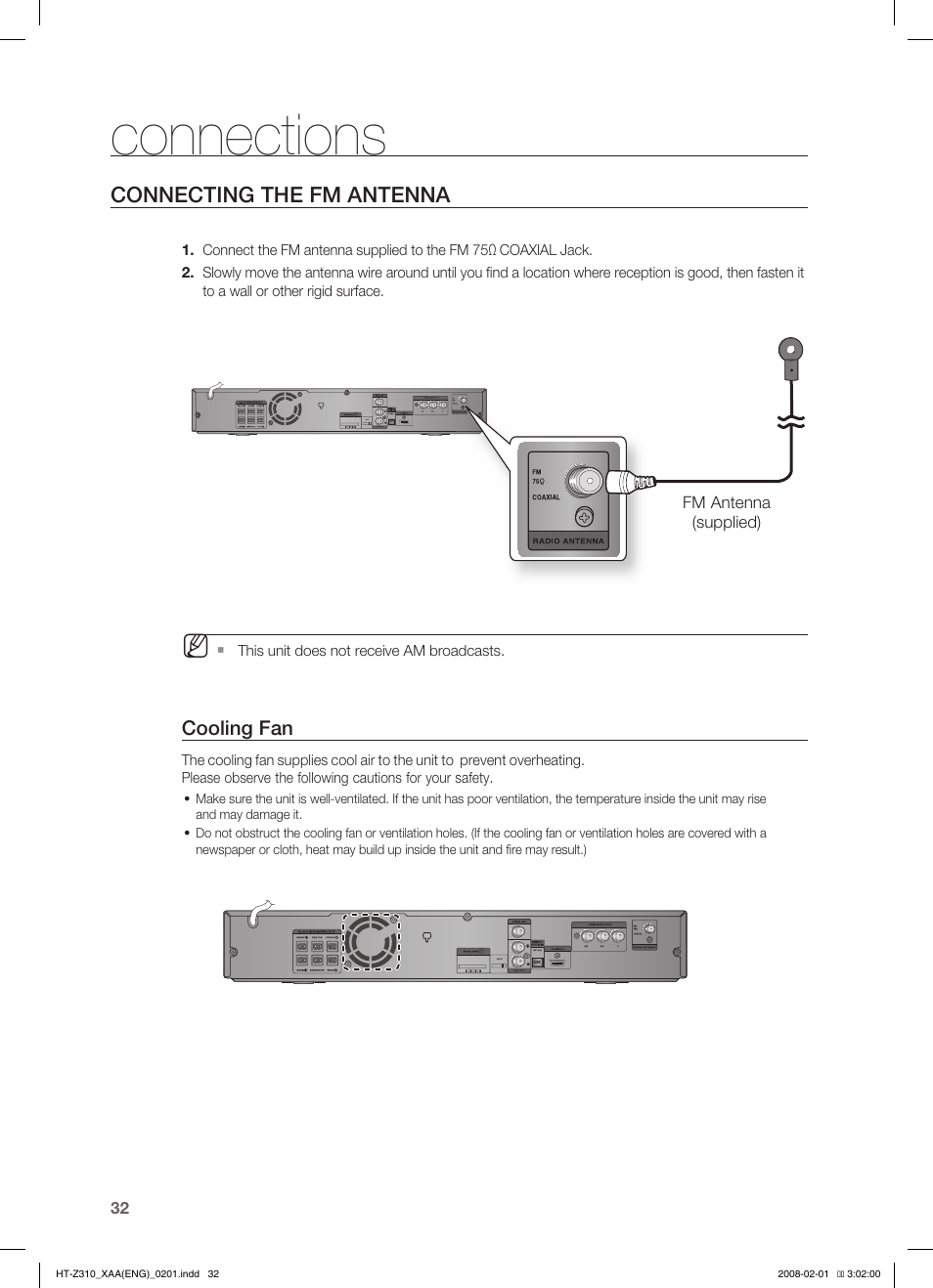 Connecting the fm antenna, Before using your home theater, Connections | Cooling fan | Samsung HT-TZ312  EN User Manual | Page 34 / 73