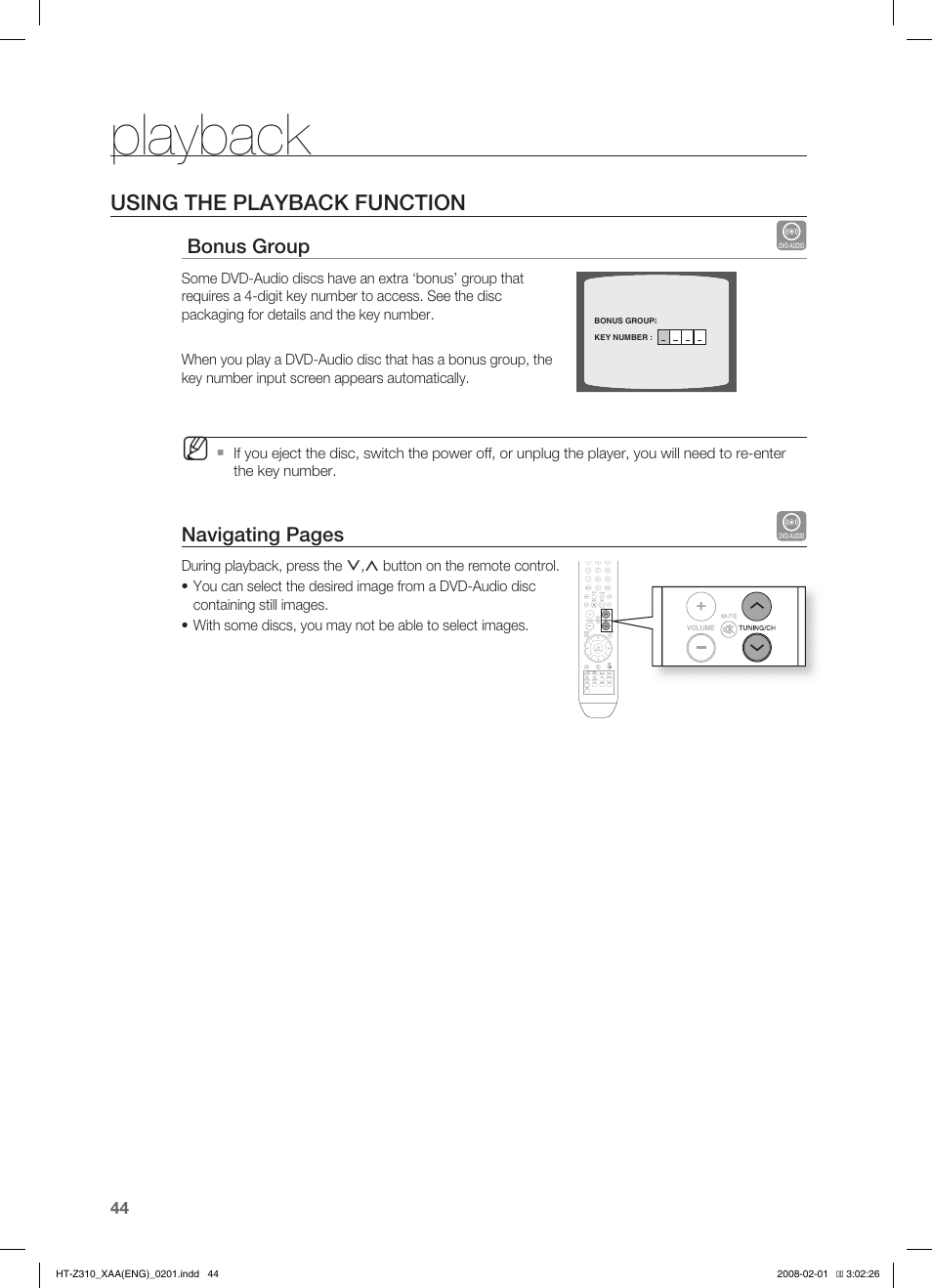 Audio language selection function, Playback, Using the playback function | Samsung HT-TZ312  EN User Manual | Page 46 / 73