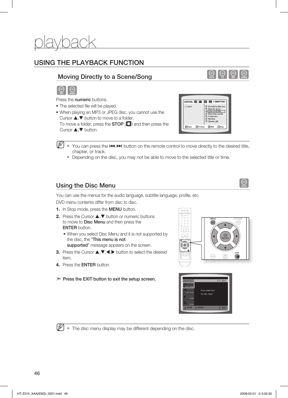 Using the playback function, Using the title menu, Playback | Dbag ag | Samsung HT-TZ312  EN User Manual | Page 48 / 73