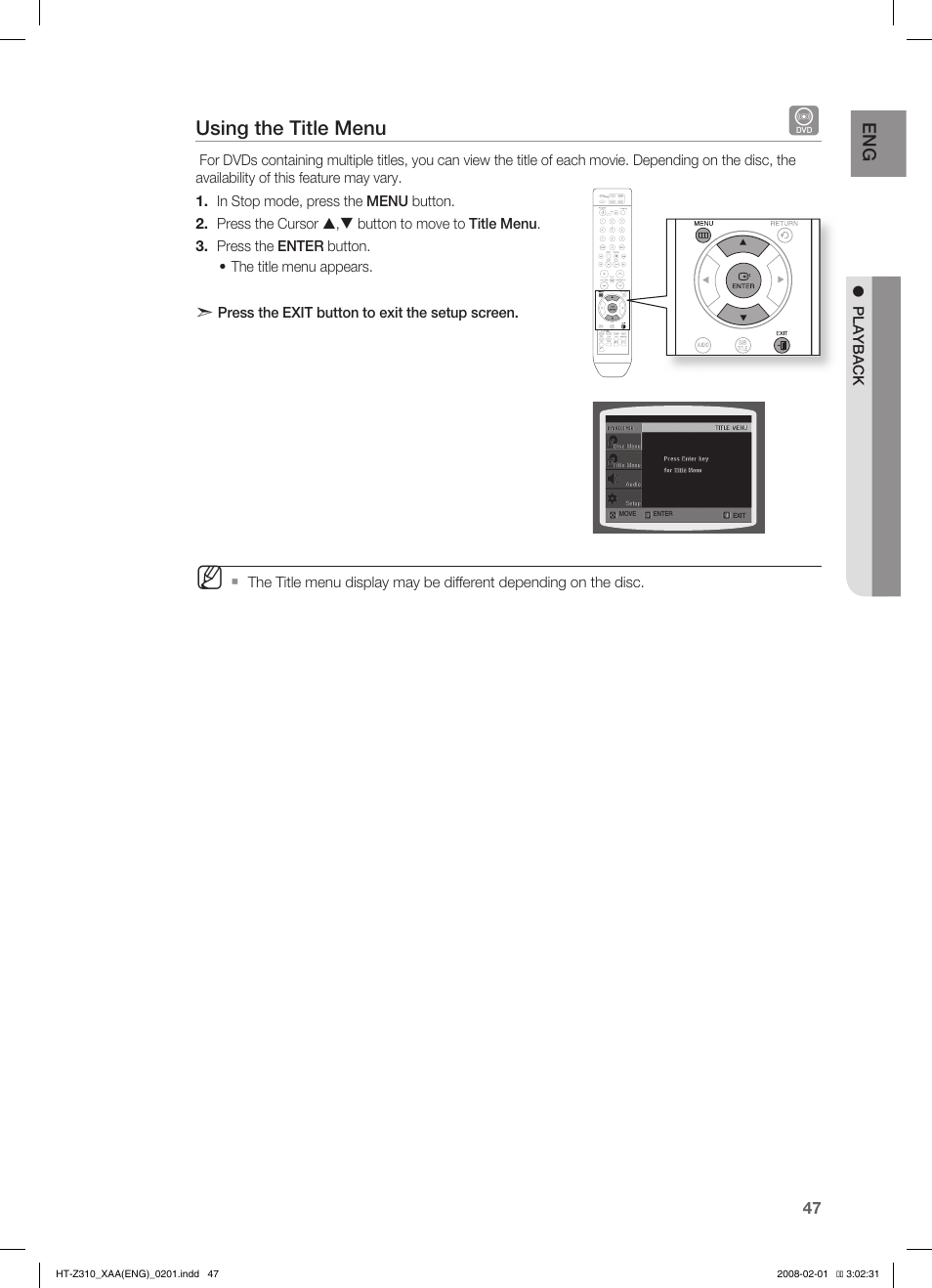 Using the title menu | Samsung HT-TZ312  EN User Manual | Page 49 / 73