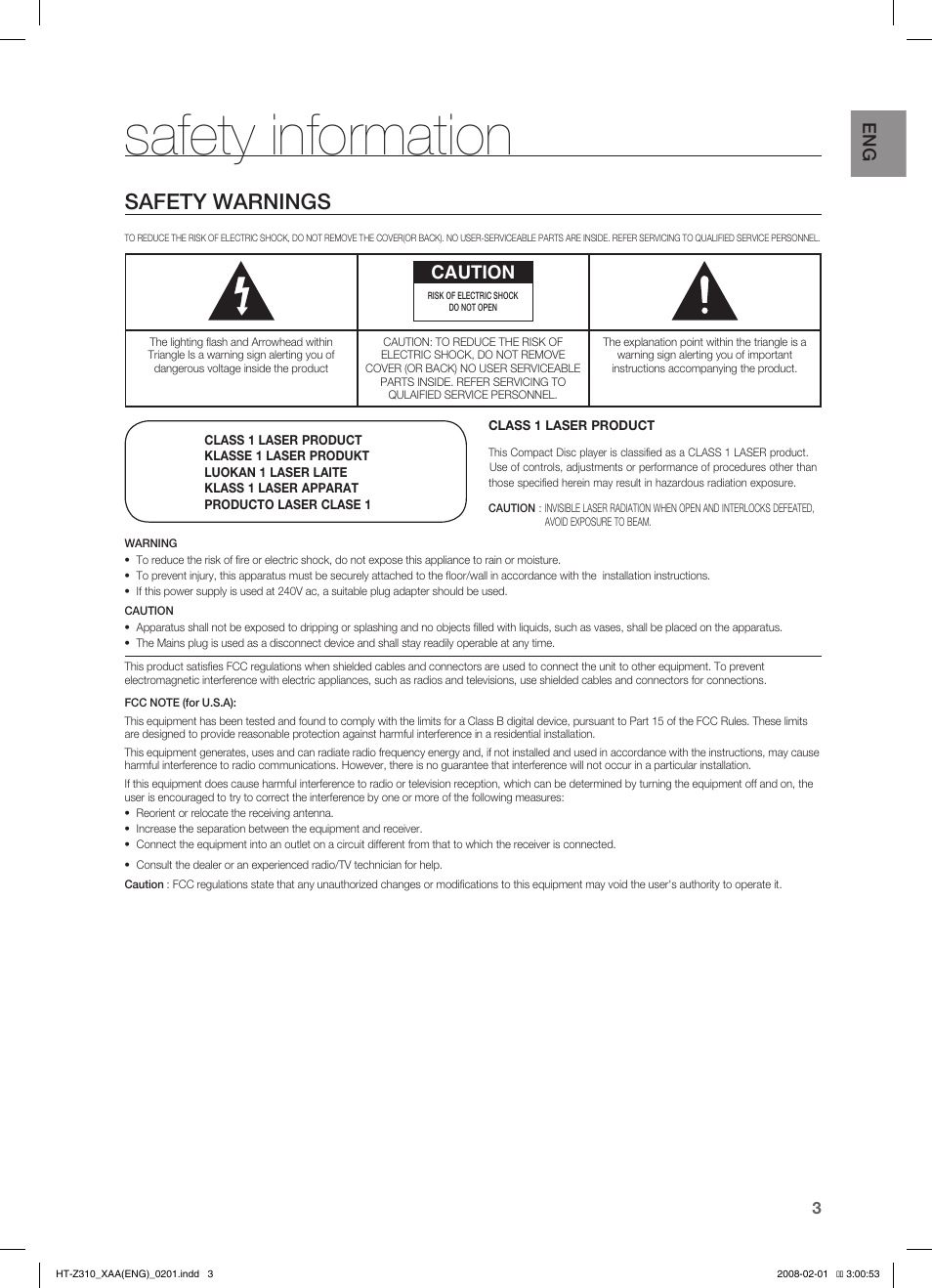 Safety information, Safety warnings, Caution | Samsung HT-TZ312  EN User Manual | Page 5 / 73
