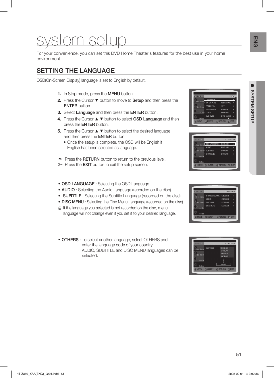 System setup, Setting the language | Samsung HT-TZ312  EN User Manual | Page 53 / 73