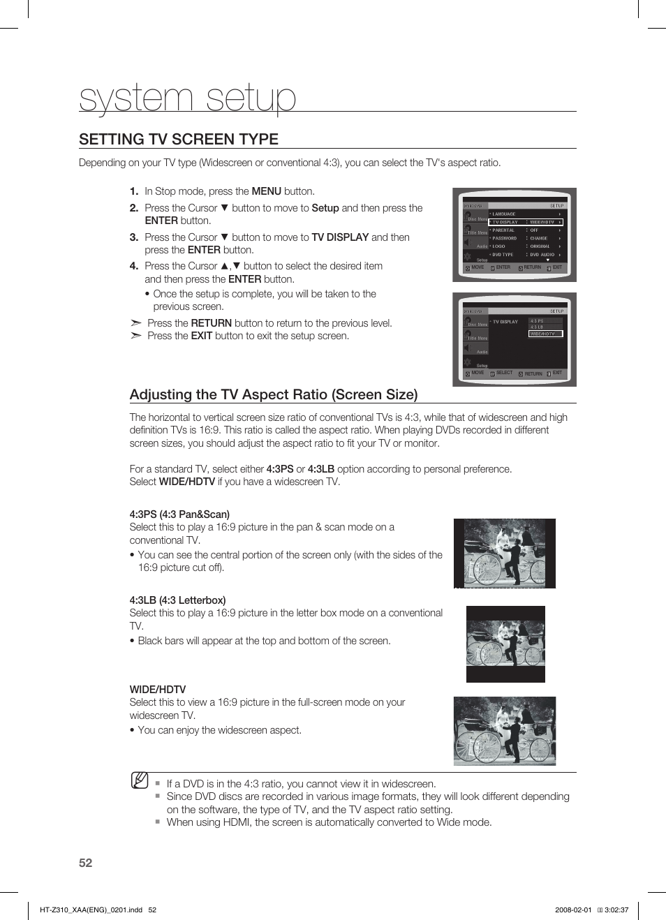 Setting tv screen type, Setting parental controls (rating level), Setting the password | Setting the wallpaper, Dvd playback mode, System setup, Adjusting the tv aspect ratio (screen size) | Samsung HT-TZ312  EN User Manual | Page 54 / 73