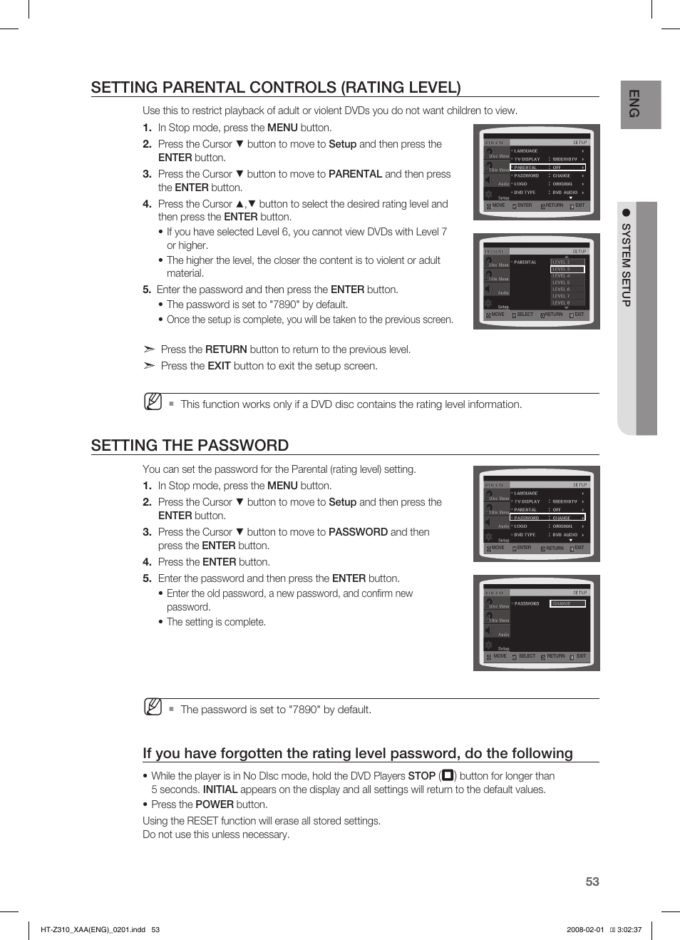 Setting parental controls (rating level), Setting the password | Samsung HT-TZ312  EN User Manual | Page 55 / 73