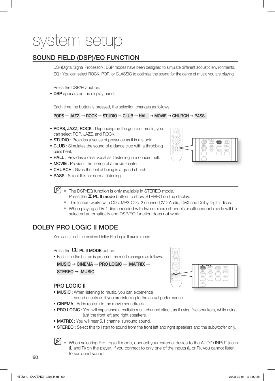 Sound field (dsp)/eq function, Dolby pro logic ii mode, Dolby pro logic ii effect | P.bass, System setup | Samsung HT-TZ312  EN User Manual | Page 62 / 73