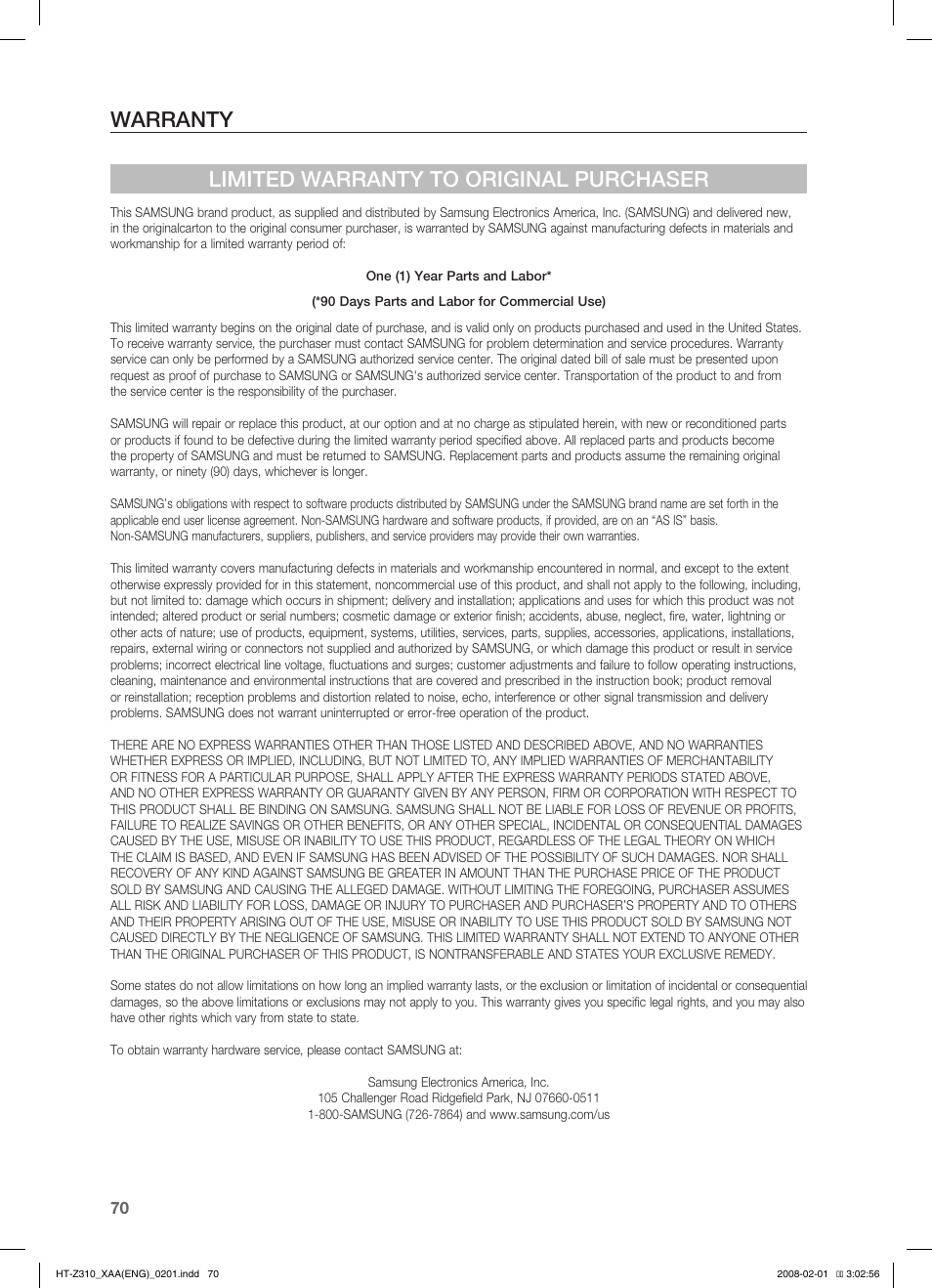 Warranty, Warranty limited warranty to original purchaser | Samsung HT-TZ312  EN User Manual | Page 72 / 73