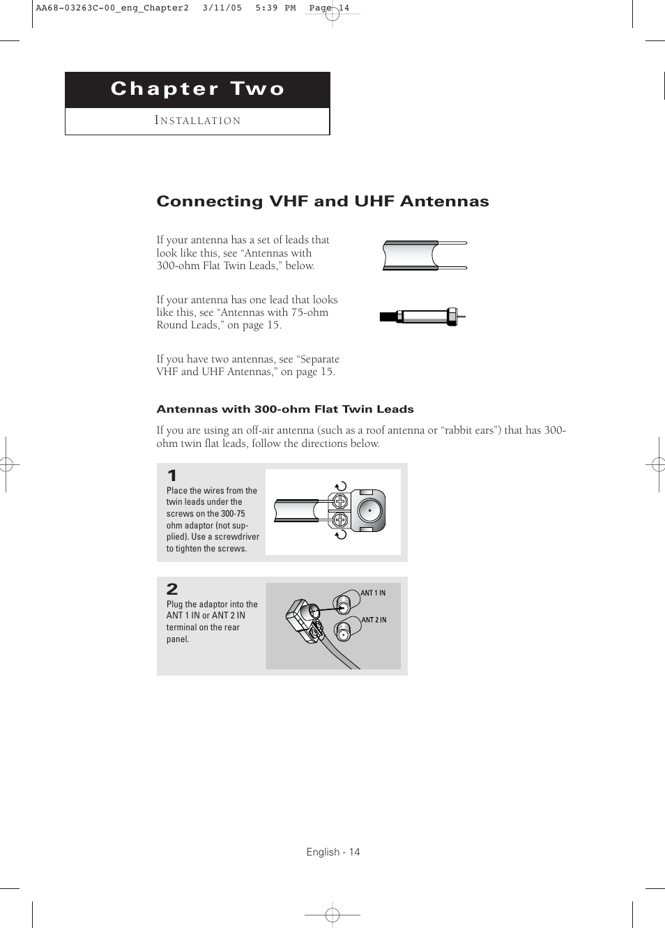 Chapter 2: installation, Connecting vhf and uhf antennas, Antennas with 300-ohm flat twin leads | Samsung DynaFlat TX R3075WH User Manual | Page 14 / 80