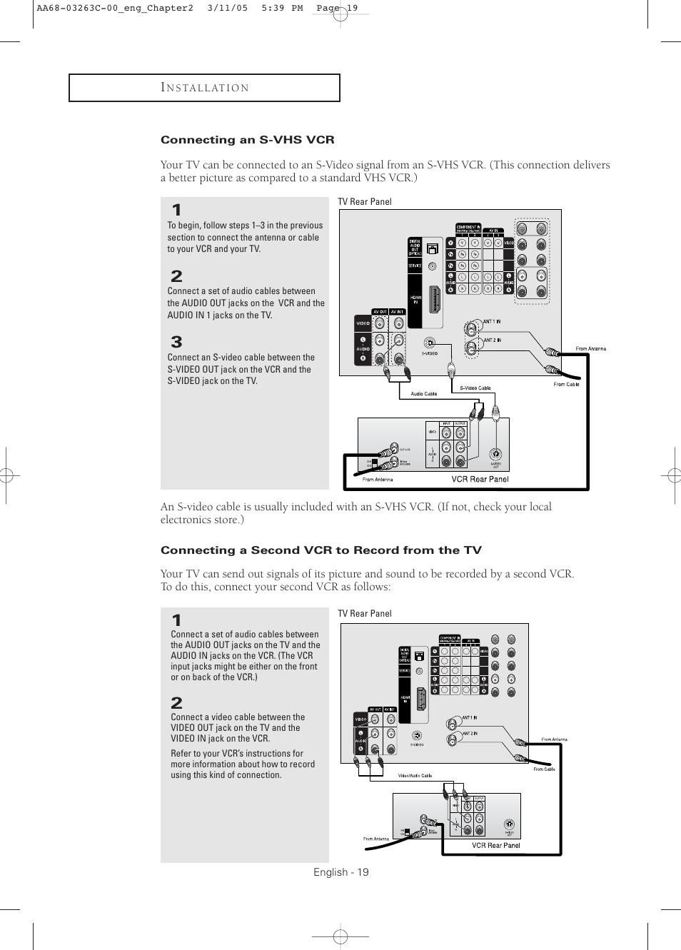 Connecting an s-vhs vcr, Connecting a second vcr to record from the tv | Samsung DynaFlat TX R3075WH User Manual | Page 19 / 80