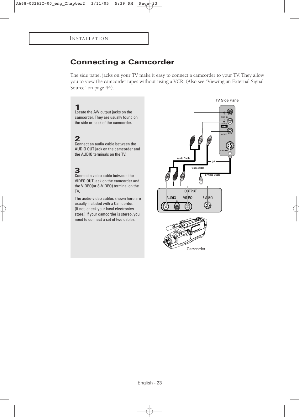 Connecting a camcorder | Samsung DynaFlat TX R3075WH User Manual | Page 23 / 80