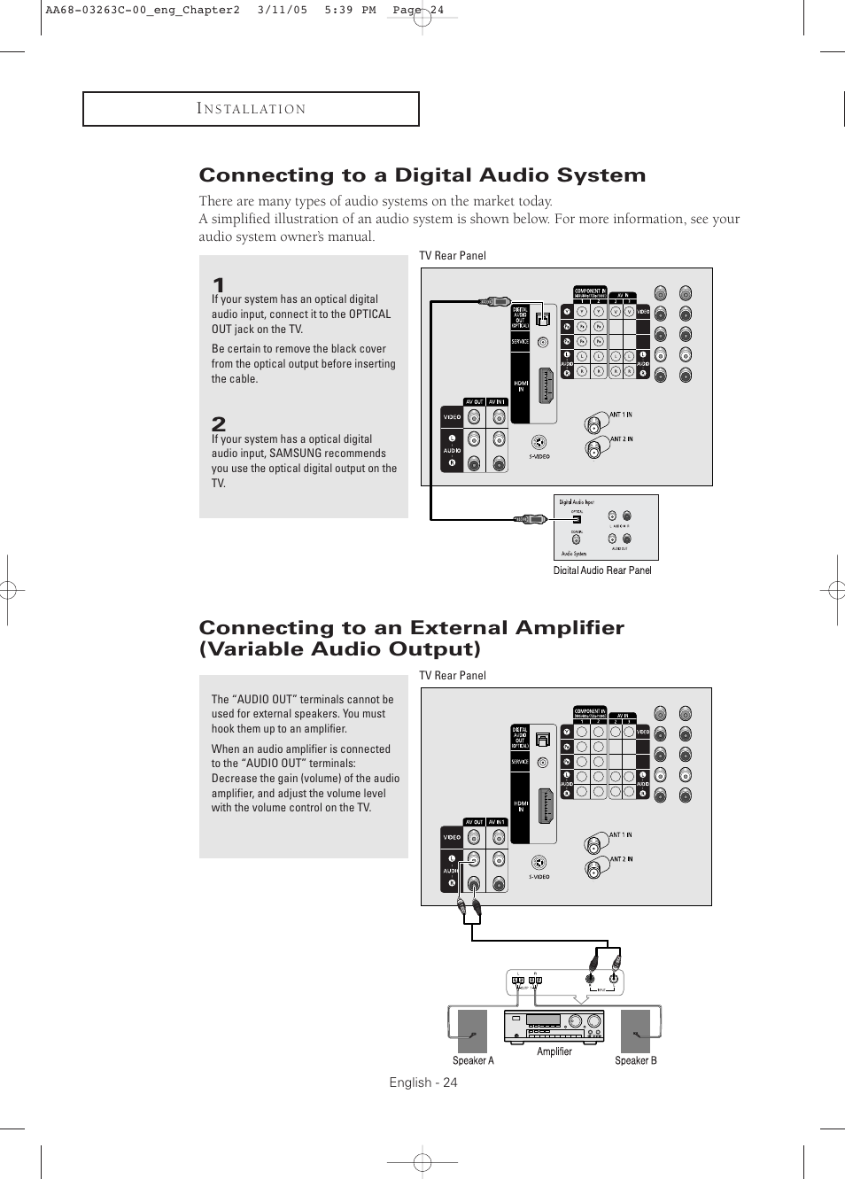 Connecting to a digital audio system | Samsung DynaFlat TX R3075WH User Manual | Page 24 / 80