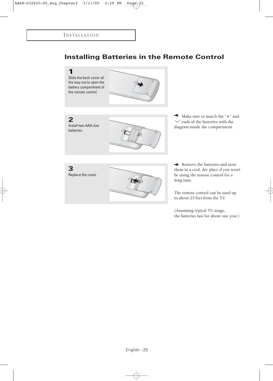 Installing batteries in the remote control | Samsung DynaFlat TX R3075WH User Manual | Page 25 / 80