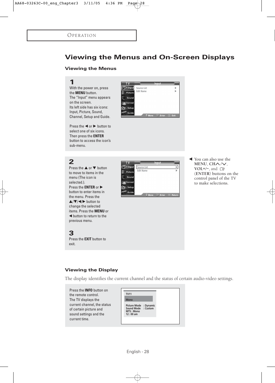 Viewing the menus and on-screen displays, Viewing the menus, Viewing the display | Samsung DynaFlat TX R3075WH User Manual | Page 28 / 80