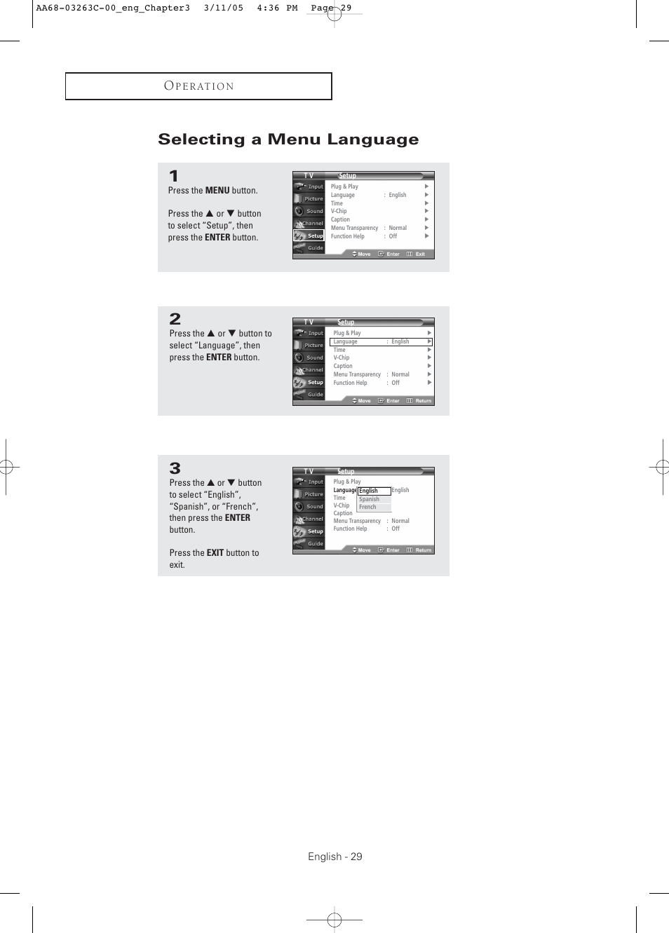 Selecting a menu language, English - 29, P e r at i o n | Samsung DynaFlat TX R3075WH User Manual | Page 29 / 80