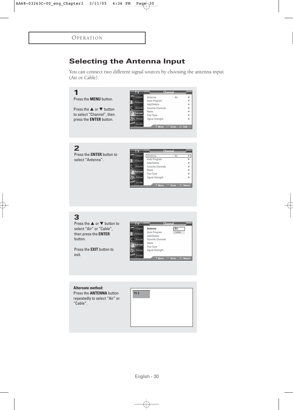 Selecting the antenna input, English - 30, P e r at i o n | Samsung DynaFlat TX R3075WH User Manual | Page 30 / 80