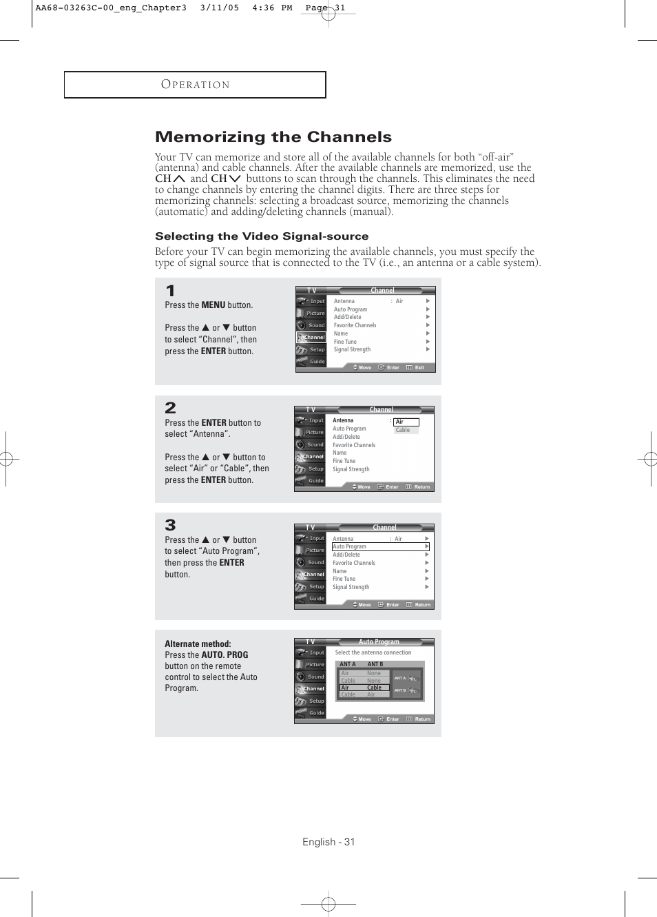 Memorizing the channels, Selecting the video signal-source, English - 31 | P e r at i o n | Samsung DynaFlat TX R3075WH User Manual | Page 31 / 80