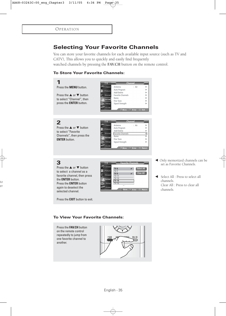 Selecting your favorite channels, To store your favorite channels, To view your favorite channels | English - 35, P e r at i o n | Samsung DynaFlat TX R3075WH User Manual | Page 35 / 80