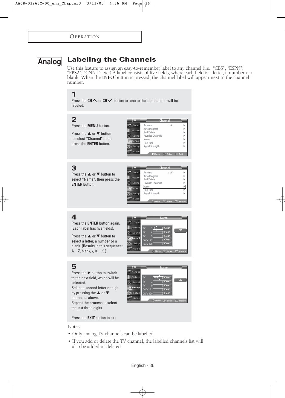 Labeling the channels, Analog, English - 36 | P e r at i o n | Samsung DynaFlat TX R3075WH User Manual | Page 36 / 80