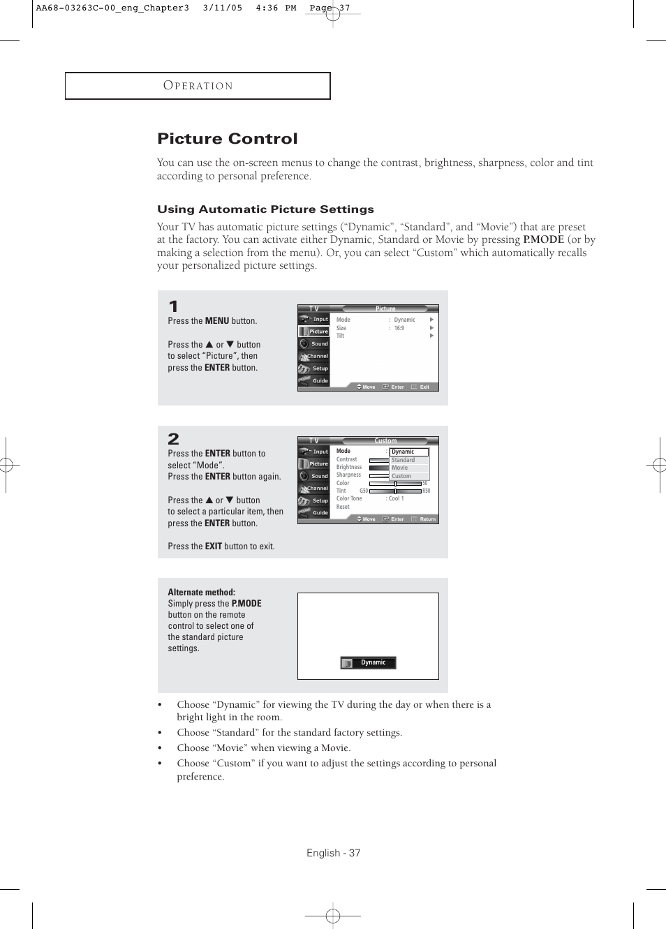 Picture control, Using automatic picture settings | Samsung DynaFlat TX R3075WH User Manual | Page 37 / 80