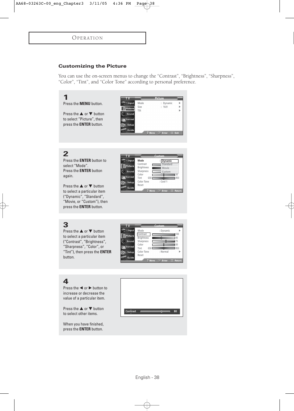 Customizing the picture, English - 38, P e r at i o n | Samsung DynaFlat TX R3075WH User Manual | Page 38 / 80