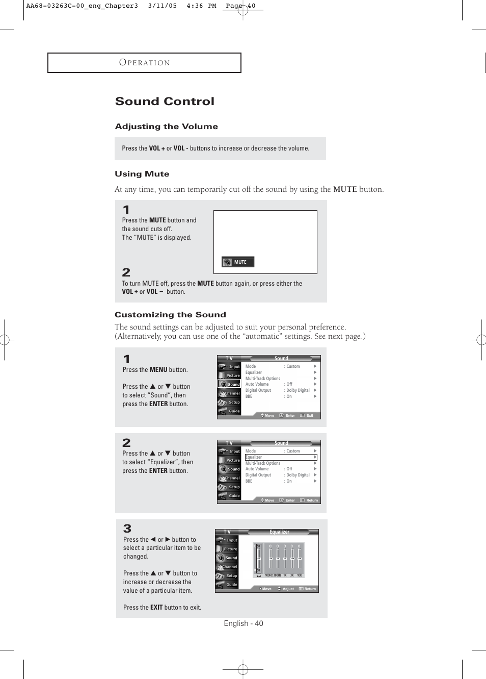 Sound control, Adjusting the volume, Using mute | Customizing the sound, English - 40, P e r at i o n, Adjusting the volume using mute | Samsung DynaFlat TX R3075WH User Manual | Page 40 / 80