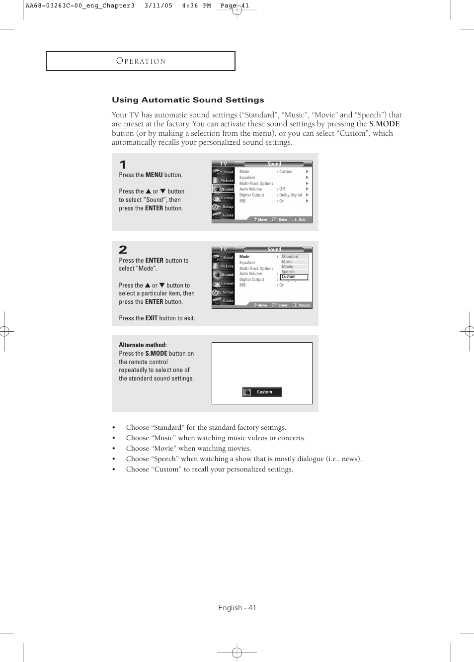Using automatic sound settings | Samsung DynaFlat TX R3075WH User Manual | Page 41 / 80