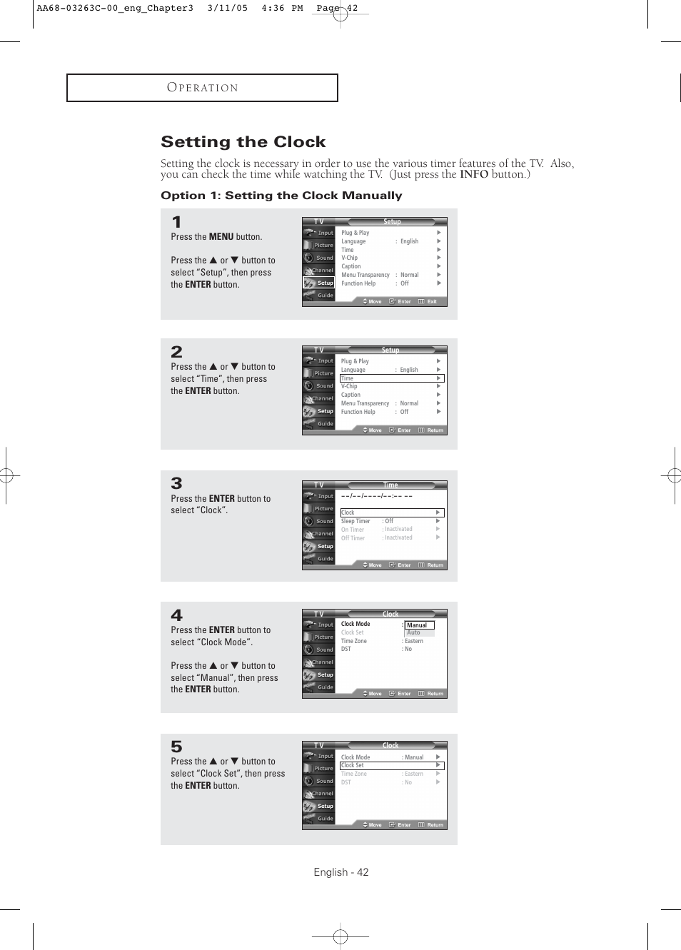 Setting the clock, Option 1: setting the clock manually, English - 42 | P e r at i o n | Samsung DynaFlat TX R3075WH User Manual | Page 42 / 80