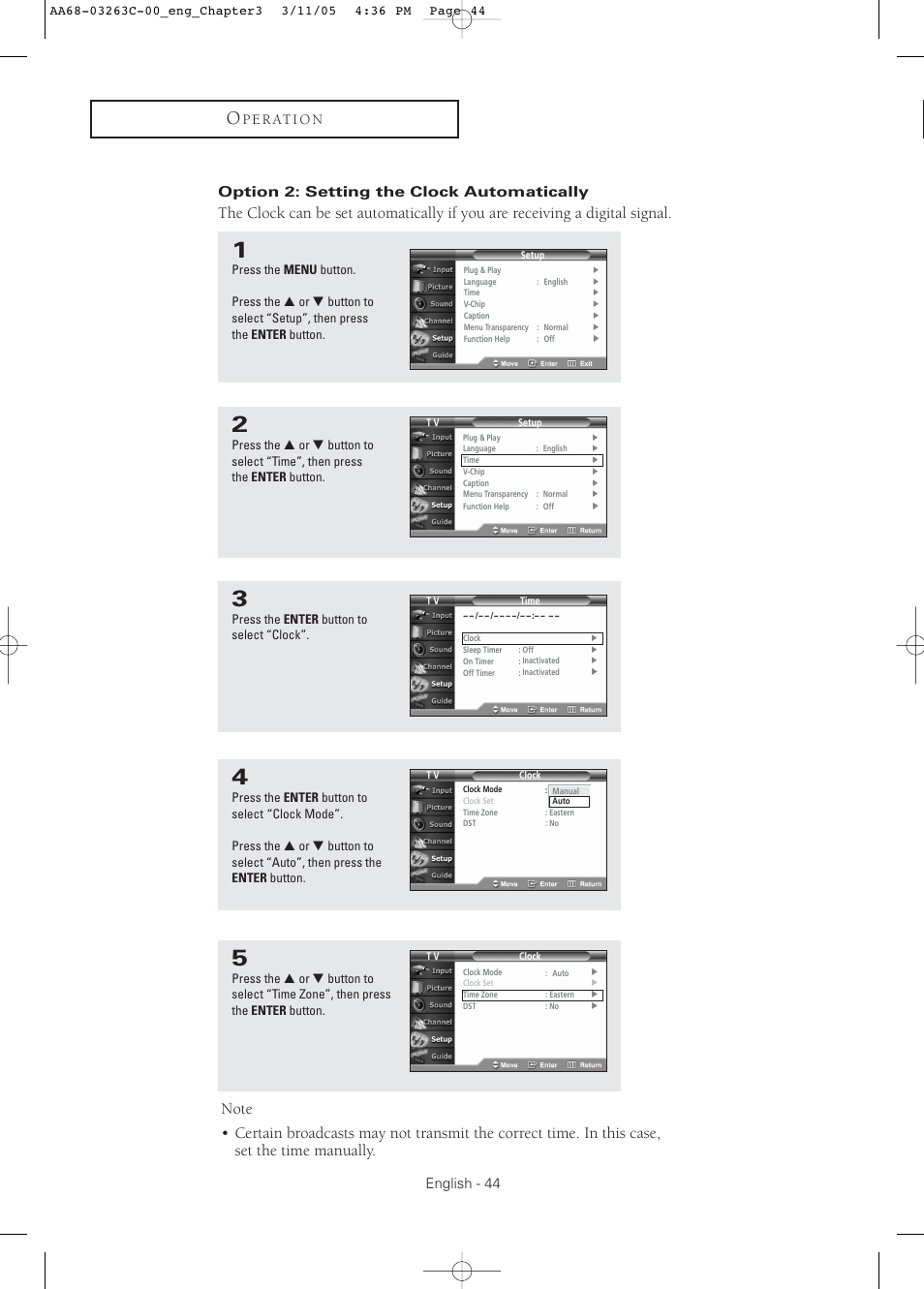 Option 2: setting the clock automatically, English - 44 | Samsung DynaFlat TX R3075WH User Manual | Page 44 / 80