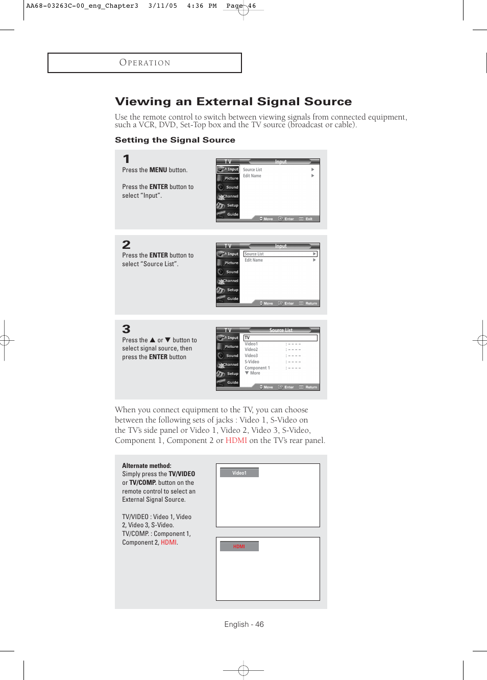 Viewing an external signal source, Setting the signal source | Samsung DynaFlat TX R3075WH User Manual | Page 46 / 80