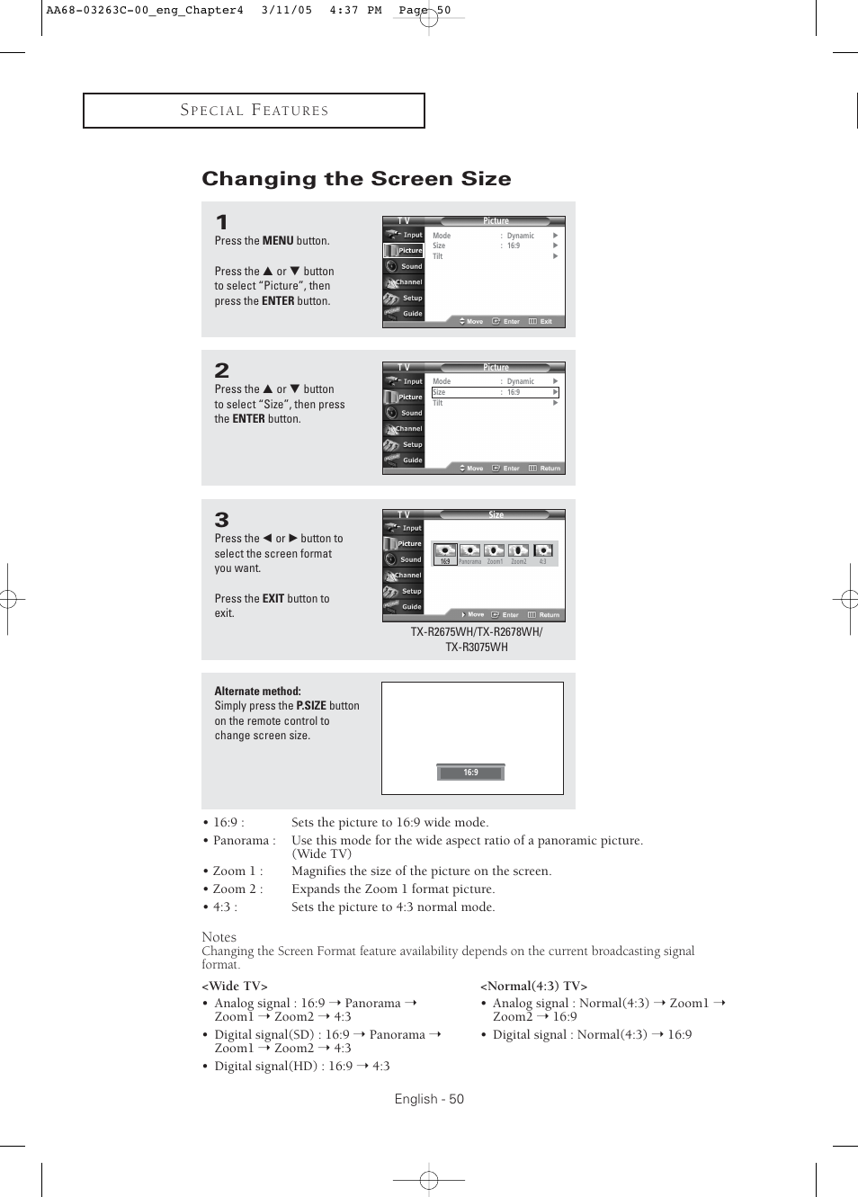 Changing the screen size | Samsung DynaFlat TX R3075WH User Manual | Page 50 / 80