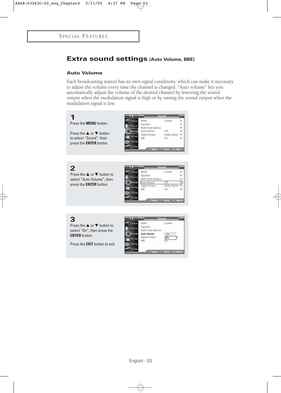 Extra sound settings (auto volume, bbe), Auto volume, Extra sound settings | English - 53, Auto volume, bbe) auto volume | Samsung DynaFlat TX R3075WH User Manual | Page 53 / 80