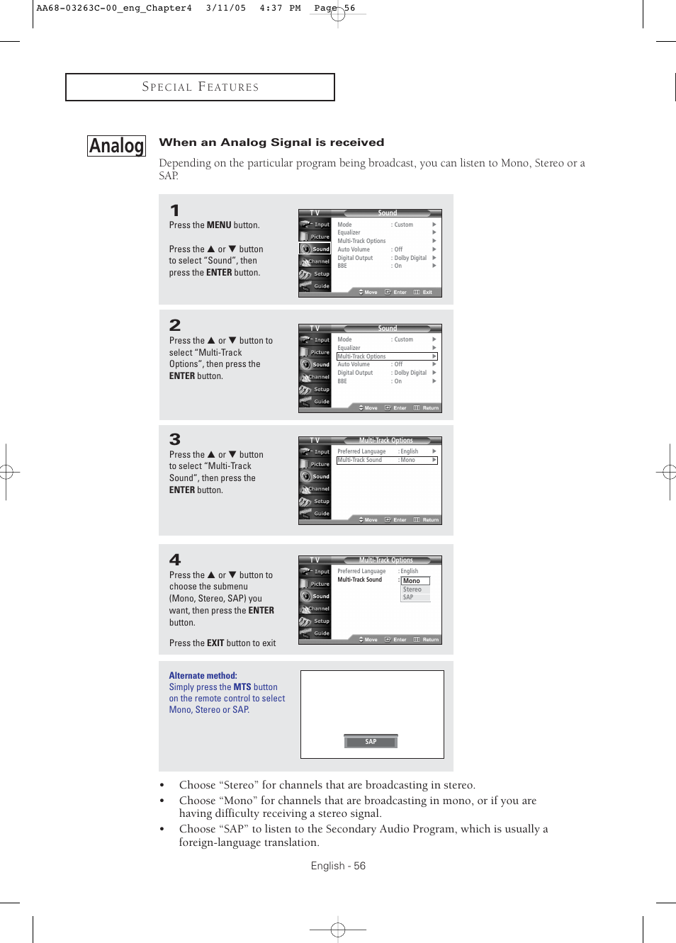 When an analog signal is received, Analog | Samsung DynaFlat TX R3075WH User Manual | Page 56 / 80
