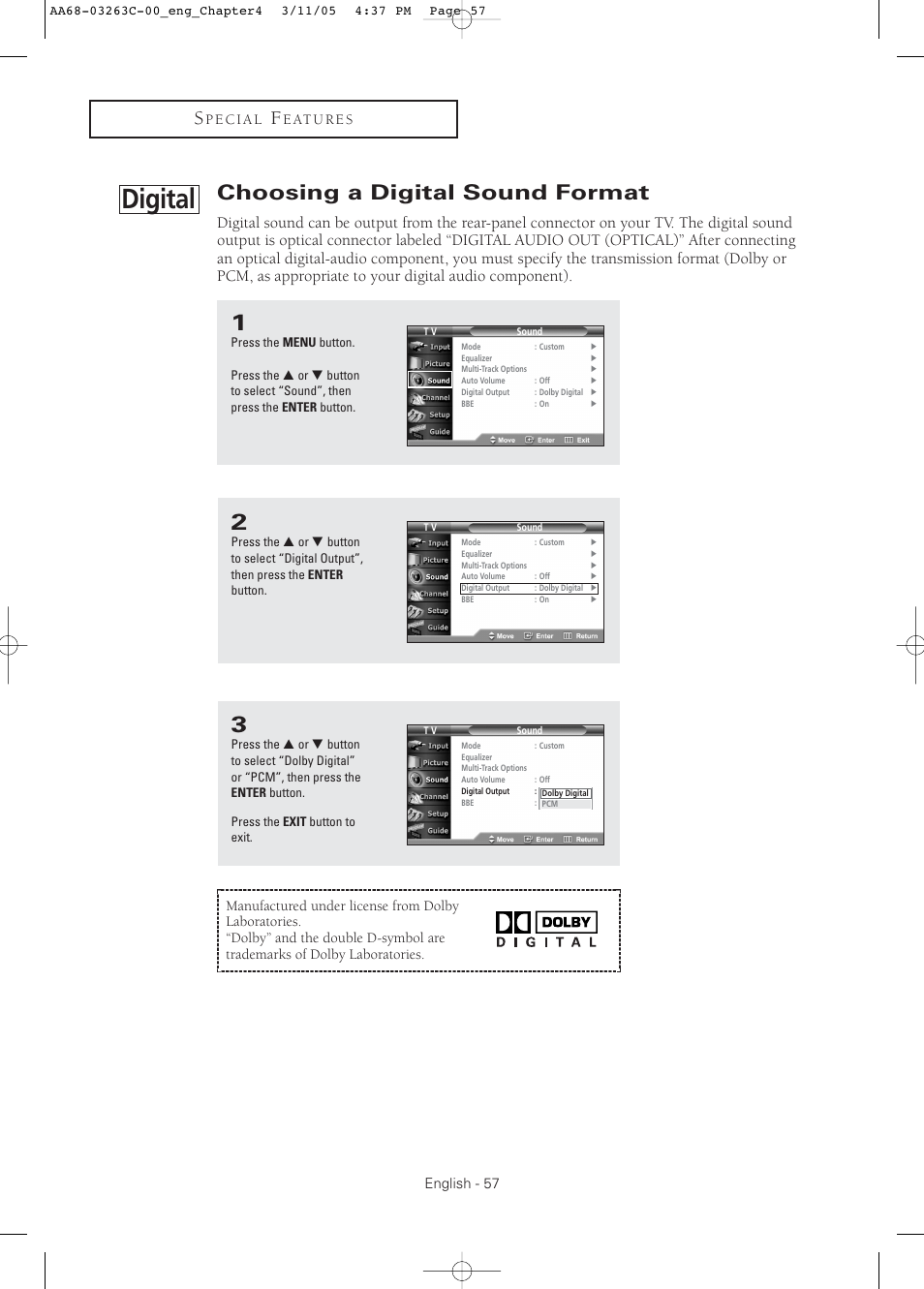 Choosing a digital sound format, Digital, English - 57 | Samsung DynaFlat TX R3075WH User Manual | Page 57 / 80
