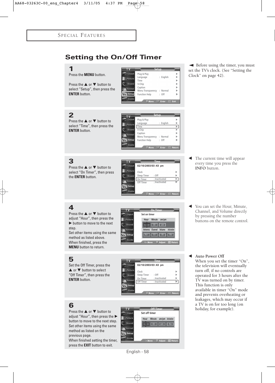 Setting the on/off timer, English - 58 | Samsung DynaFlat TX R3075WH User Manual | Page 58 / 80