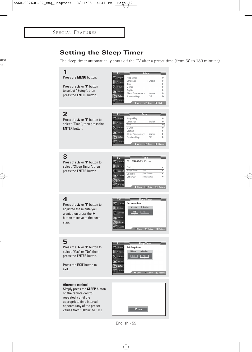 Setting the sleep timer, English - 59, Must he | Samsung DynaFlat TX R3075WH User Manual | Page 59 / 80