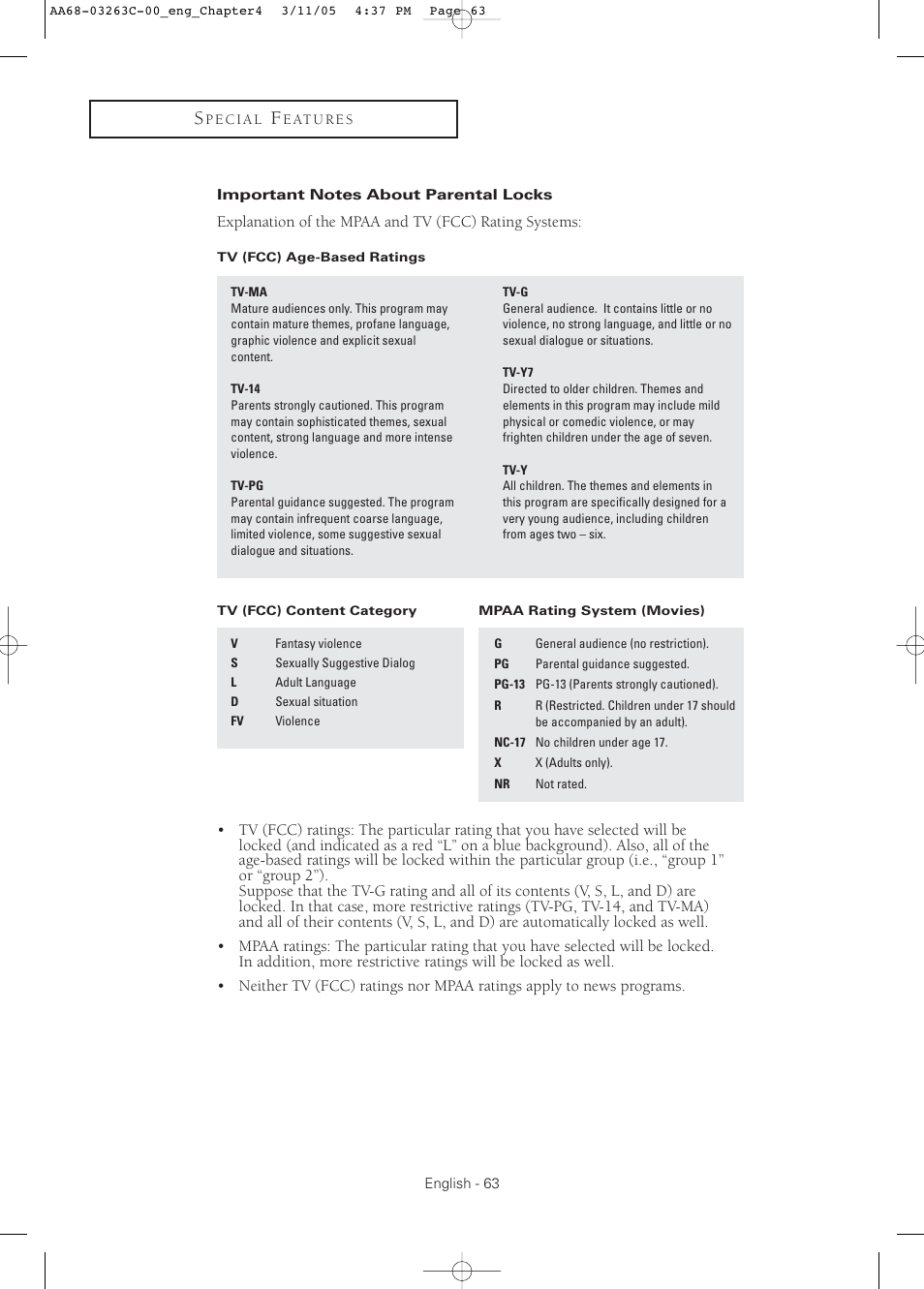 Important notes about parental locks | Samsung DynaFlat TX R3075WH User Manual | Page 63 / 80