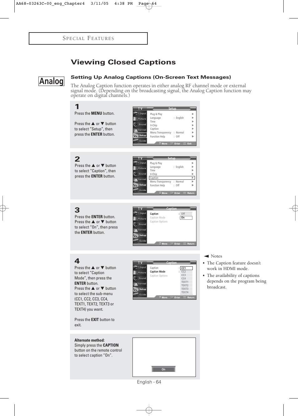 Viewing closed captions, Analog | Samsung DynaFlat TX R3075WH User Manual | Page 64 / 80