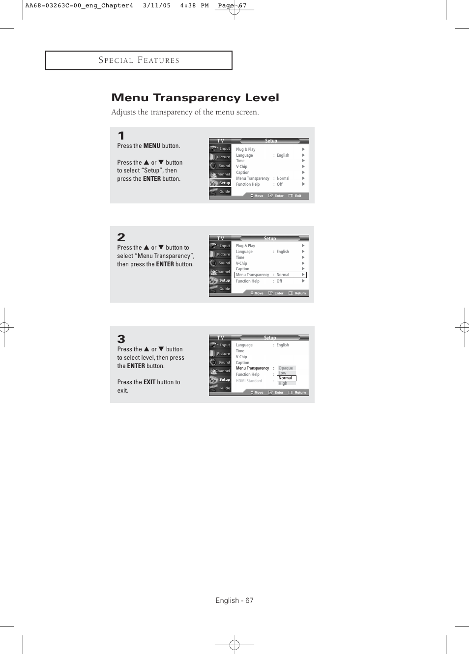 Menu transparency level, Adjusts the transparency of the menu screen, English - 67 | Samsung DynaFlat TX R3075WH User Manual | Page 67 / 80