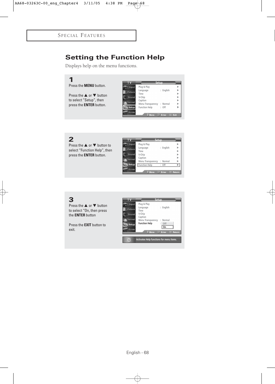 Setting the function help, Displays help on the menu functions, English - 68 | Samsung DynaFlat TX R3075WH User Manual | Page 68 / 80