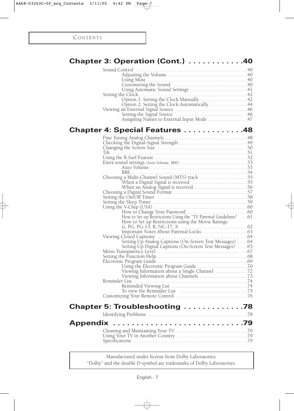 Chapter 3: operation (cont.), Chapter 4: special features, Chapter 5: troubleshooting | Appendix | Samsung DynaFlat TX R3075WH User Manual | Page 7 / 80