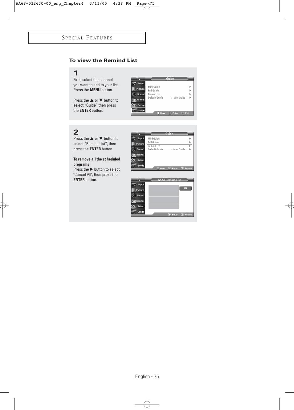 To view the remind list | Samsung DynaFlat TX R3075WH User Manual | Page 75 / 80