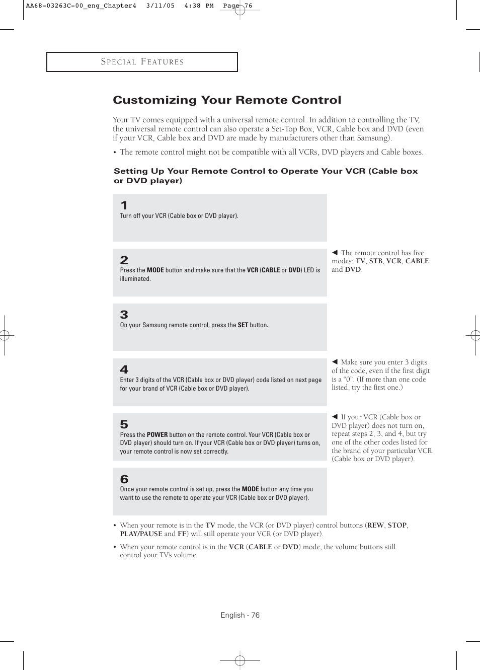 Customizing your remote control | Samsung DynaFlat TX R3075WH User Manual | Page 76 / 80