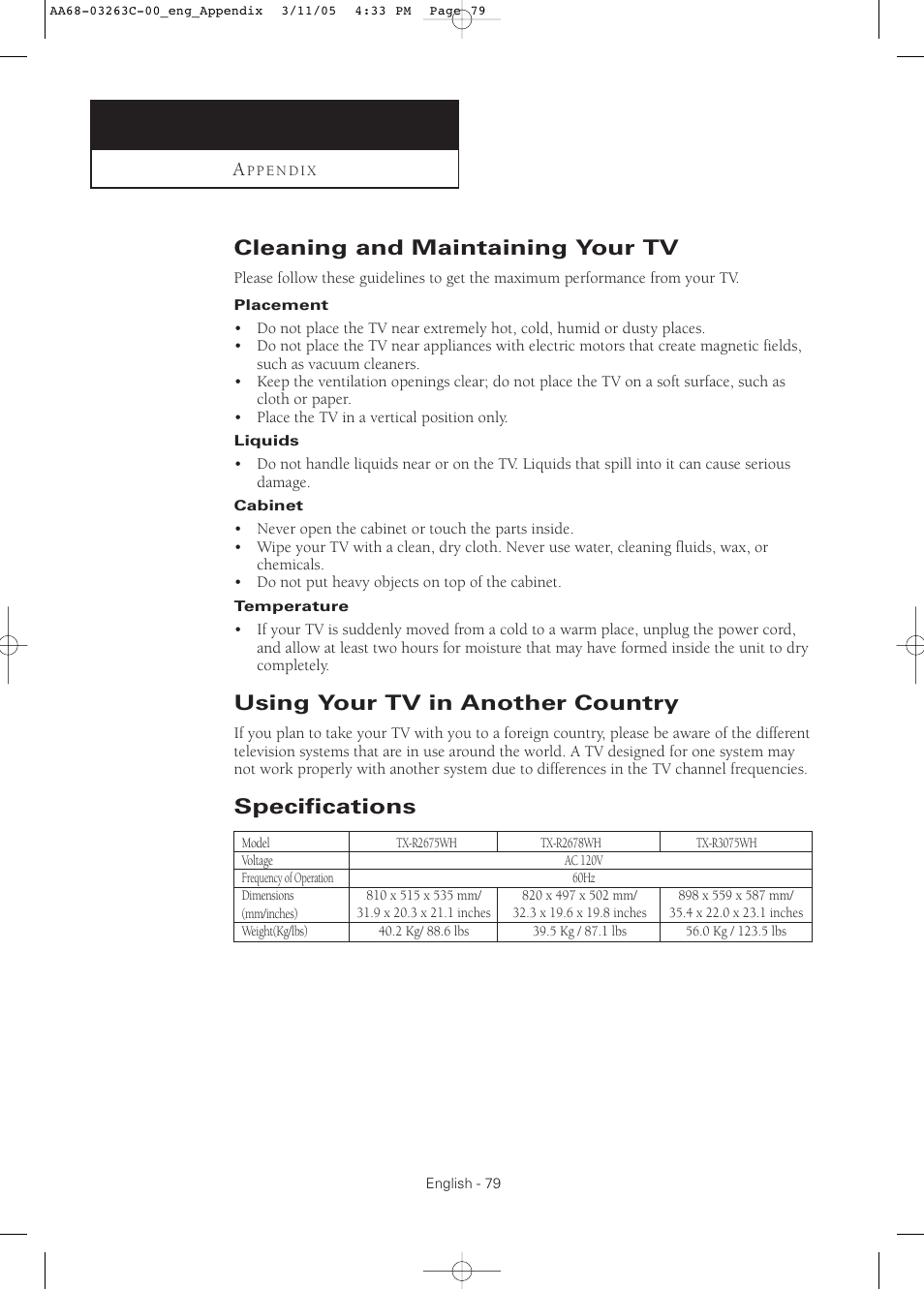 Appendix, Cleaning and maintaining your tv, Using your tv in another country | Specifications | Samsung DynaFlat TX R3075WH User Manual | Page 79 / 80
