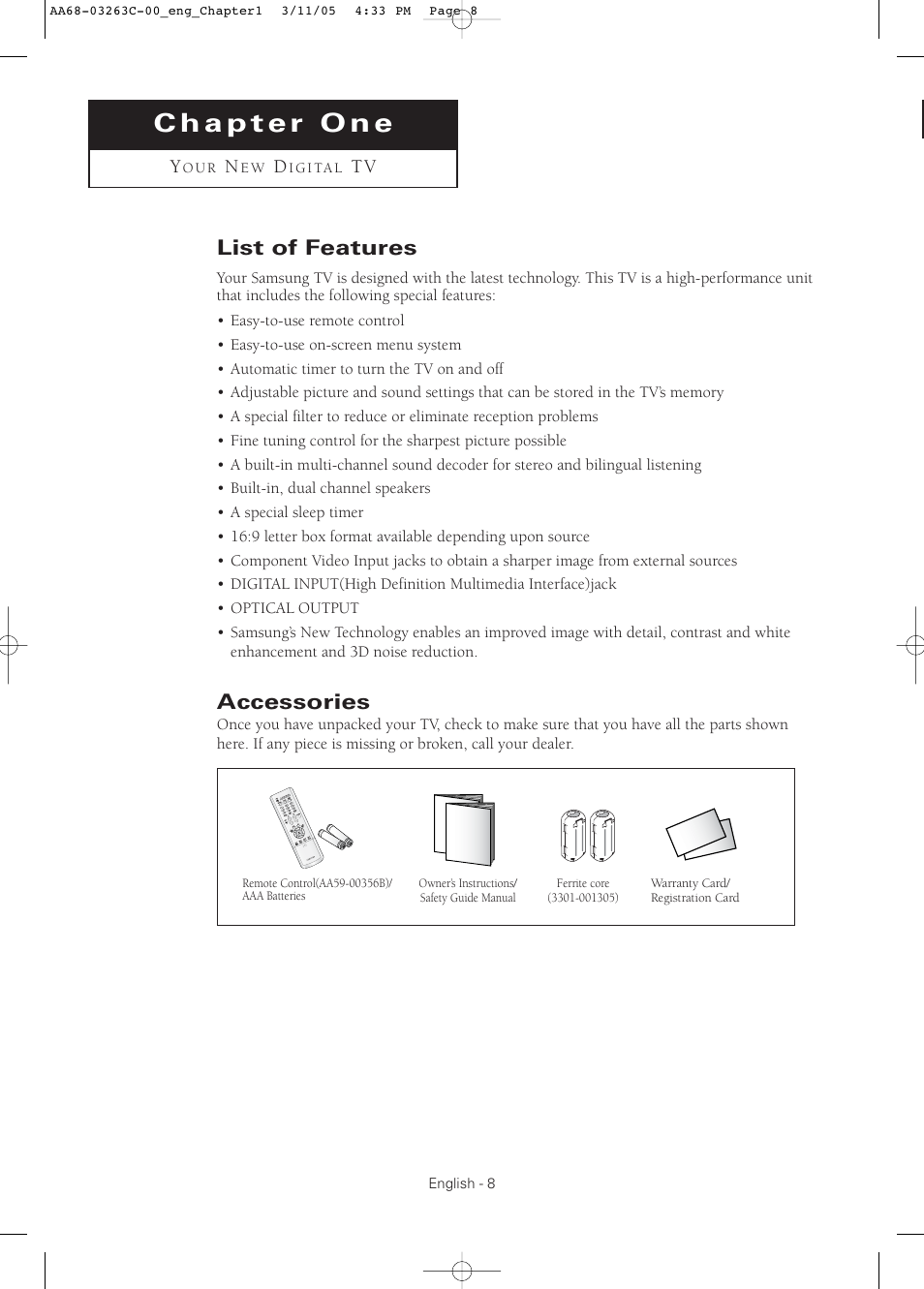 Chapter 1: your new digital tv, List of features, Accessories | Samsung DynaFlat TX R3075WH User Manual | Page 8 / 80