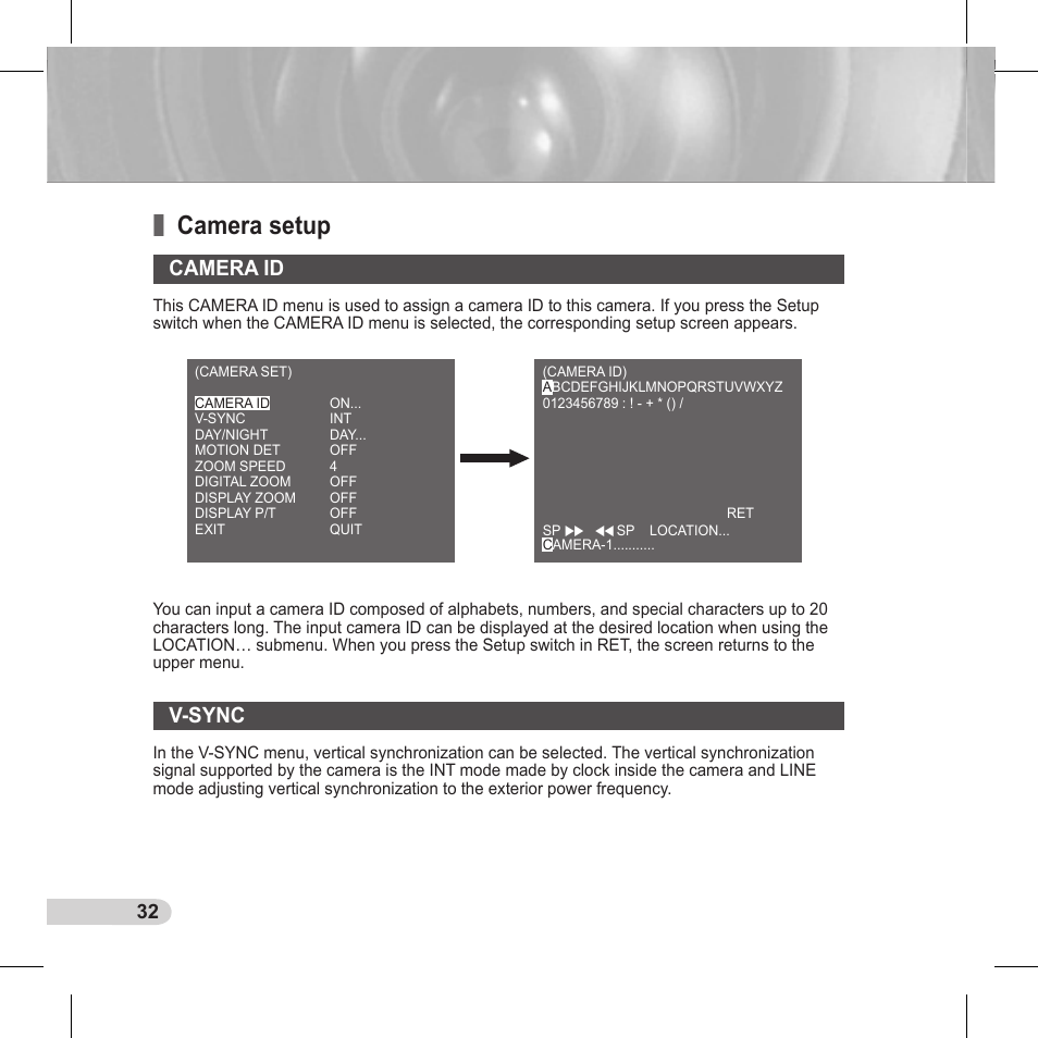 Camera setup, Camera id, V-sync | Samsung C6435(P) User Manual | Page 32 / 80