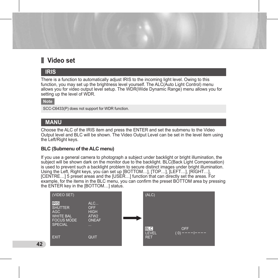 Video set, Iris, Manu | Samsung C6435(P) User Manual | Page 42 / 80