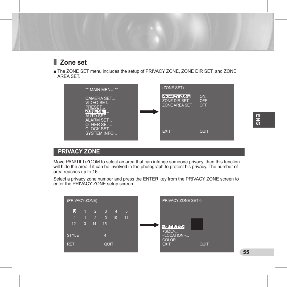 Zone set, Privacy zone | Samsung C6435(P) User Manual | Page 55 / 80