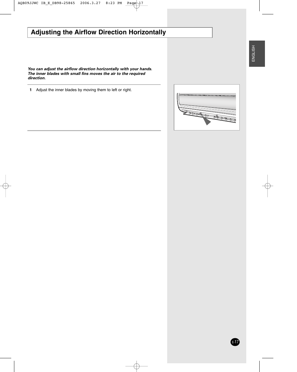 Adjusting the airflow direction horizontally | Samsung AQB18J6WC User Manual | Page 17 / 26