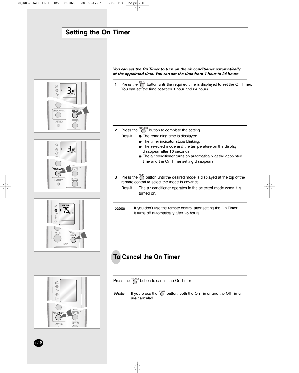 Setting the on timer | Samsung AQB18J6WC User Manual | Page 18 / 26